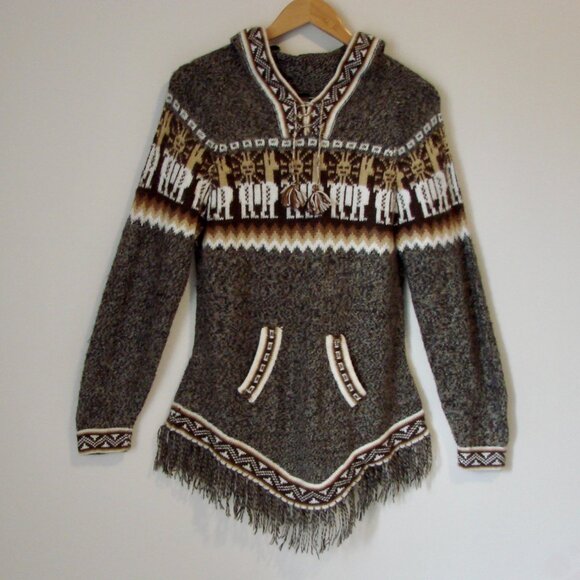 Kactus Artesanias Alpaca Hoodie Sweater Peru Aztec Fringe Soft Pullover Medium - Picture 2 of 15